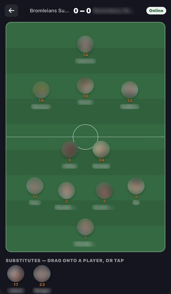 The live match tracker on a phone: the pitch with the starting eleven and the substitutes below