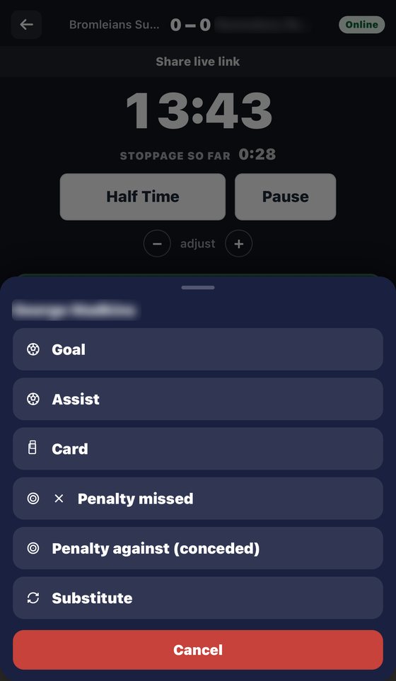 Tapping a player in the live match tracker: goal, assist, card, penalty missed, penalty conceded or substitute