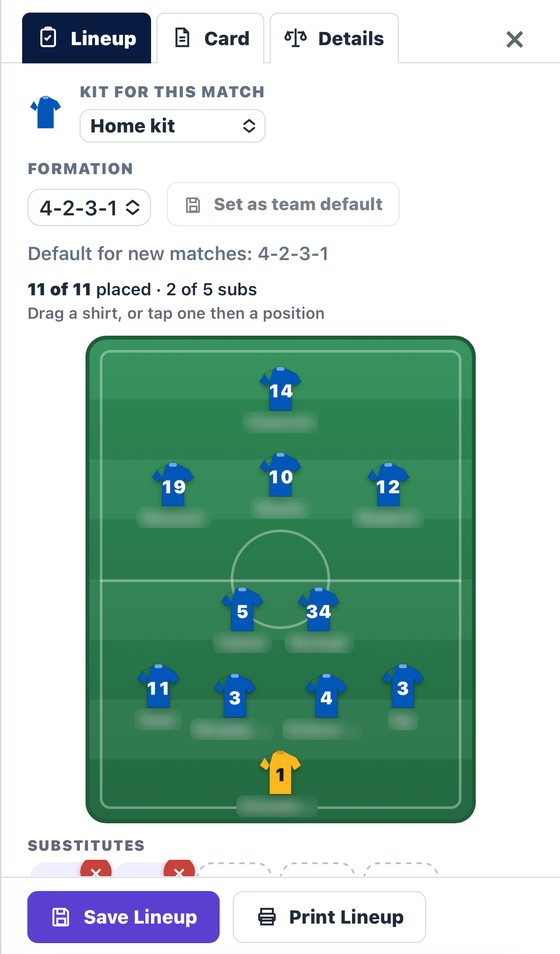 The lineup builder on a phone: kit for the match, formation and the pitch