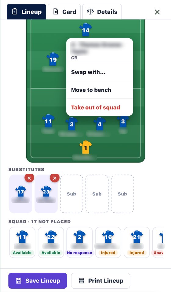 Tapping a player on the pitch to swap, move to the bench or take out of the squad