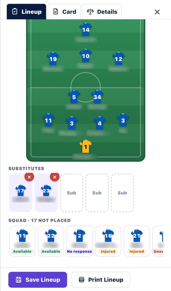 The full pitch with substitutes and the squad tray showing availability